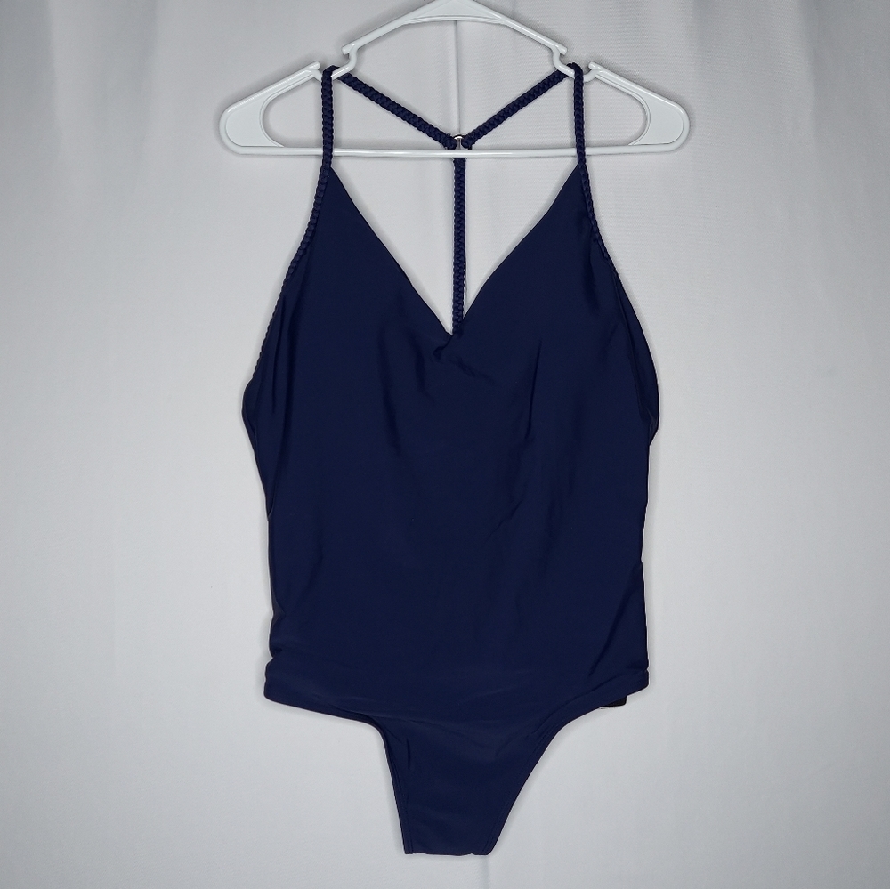 2Chillies Bathing Suit Large Navy Blue Vneck Racerback One Piece‎ Padded Cup NEW